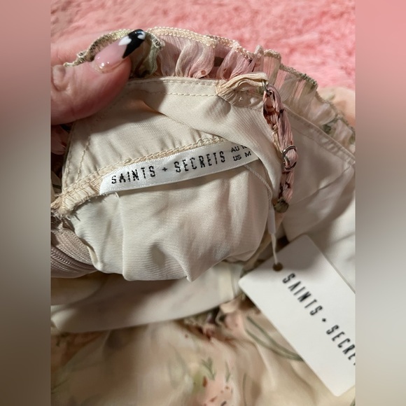 Saints + Secrets Floral Ruffle Tiered Mini Dress Nude Pink Cottagecore M NWT - Picture 7 of 7